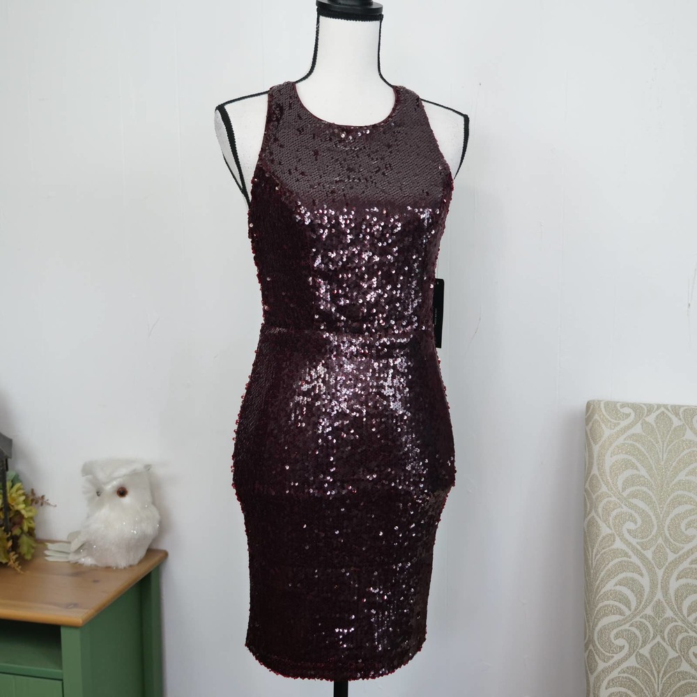Lulu's Red Sequin Dress Size S Bodycon Cut Out Strappy Cage Back Burgundy Party - Picture 8 of 8